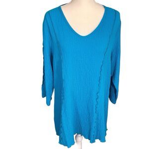Yushi Crinkle Textured Gauzy Crepe Tunic Women’s Large Turquoise Blue Long Top